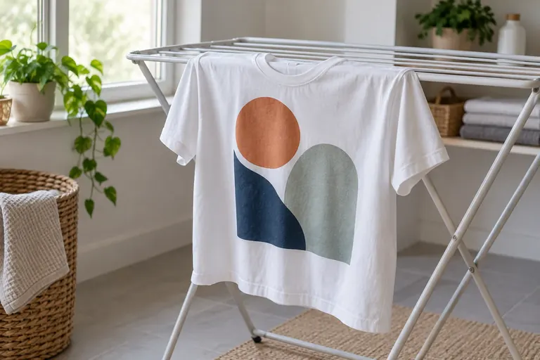 A printed T-shirt hanging on a drying rack indoors.