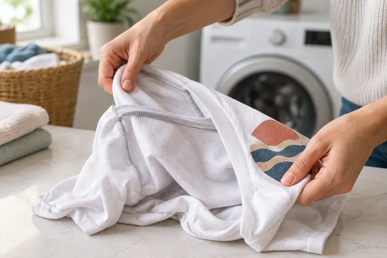 Hands turning a printed T-shirt inside out next to a washing machine.