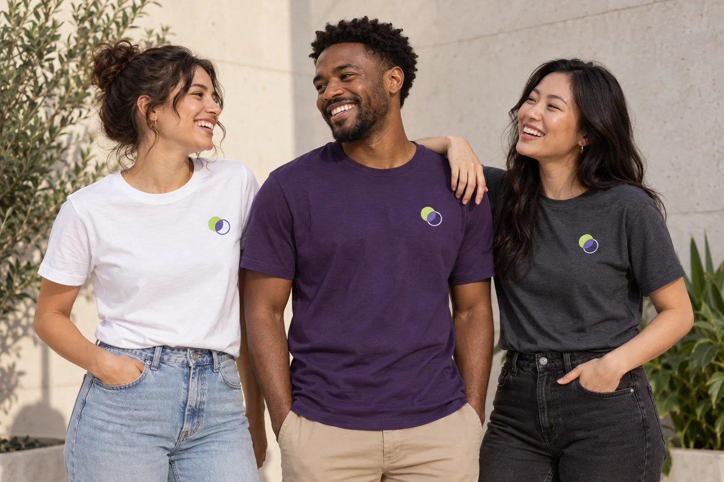 Campaign preview of a crew wearing coordinated custom-logo T-shirts