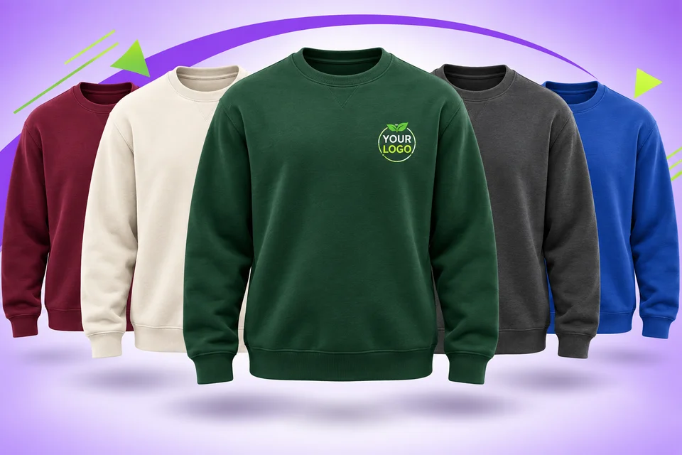 Styled sweatshirts lineup with a sample chest logo