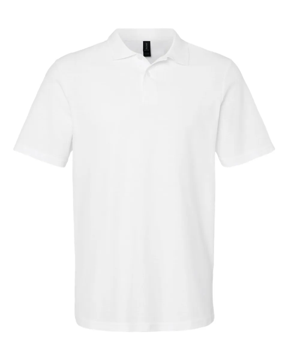 Gildan Softstyle 64800 double-piqué polo in White, front — blank garment with no print