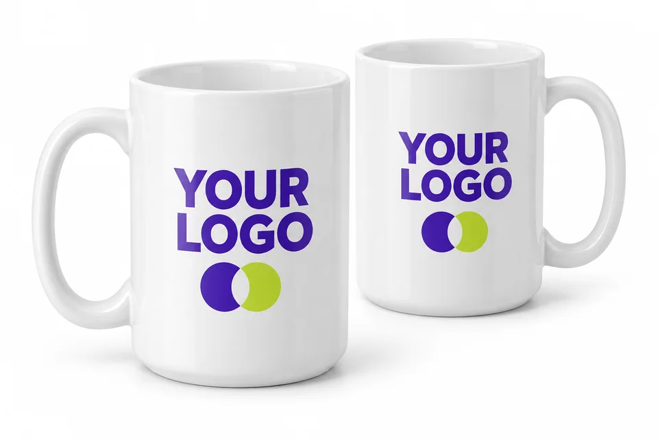 15 oz white ceramic mugs with a sample logo — illustrative mockup