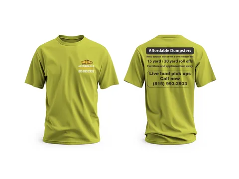 Affordable Dumpsters: company tees with contact info on the back — custom printed by Press My Crew
