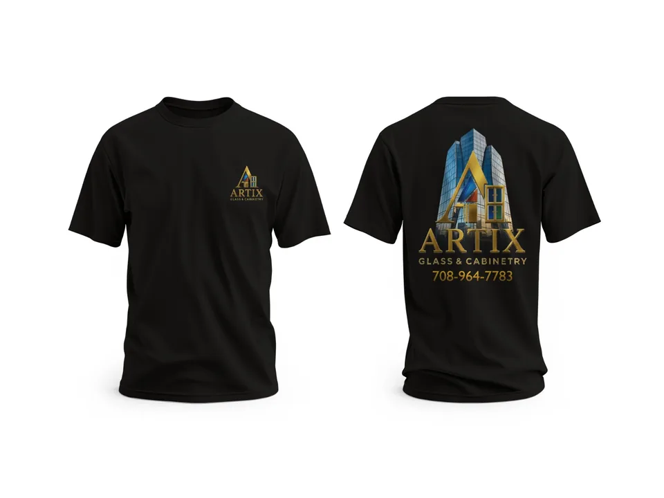 Artix Glass & Cabinetry: crew tees, front and back — custom printed by Press My Crew