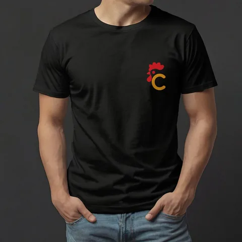 Chi Chicken: staff tee on a model — custom printed by Press My Crew