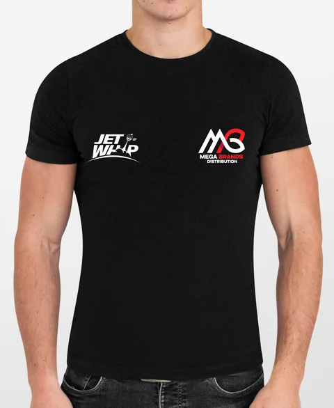 Dual logo: two-logo tee on a model — custom printed by Press My Crew