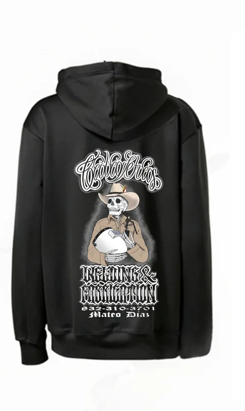 Graphic hoodie: full-front graphic on a black hoodie — custom printed by Press My Crew