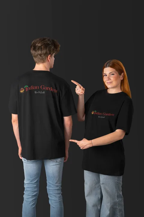 Indian Garden: restaurant staff tees on models — custom printed by Press My Crew