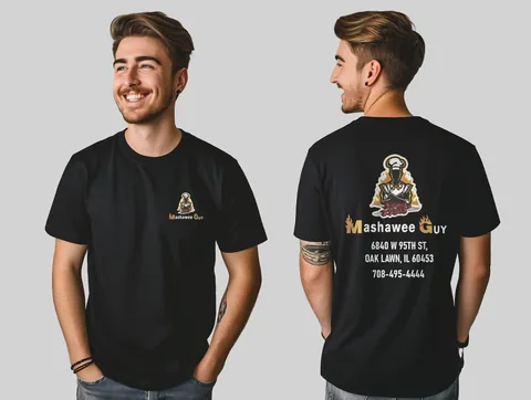 Mashawee Guy: staff tees on models — custom printed by Press My Crew