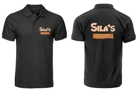 Sila's: restaurant polos, front and back — custom printed by Press My Crew