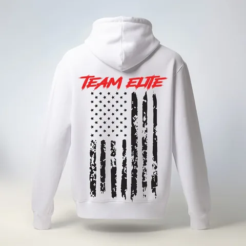 Team Elite: flag hoodie, back print — custom printed by Press My Crew
